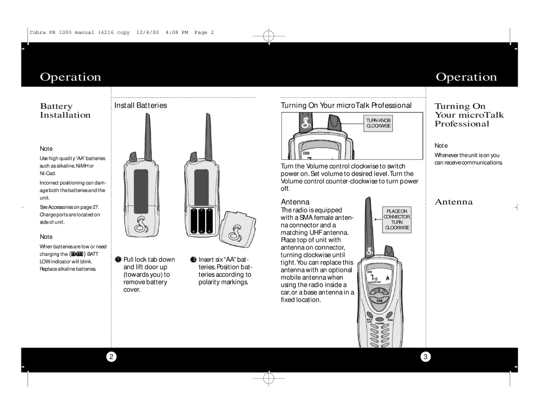 Cobra Electronics Professional 2-WAY RADIO Operation, Installation, Turning On Your microTalk Professional, Antenna 