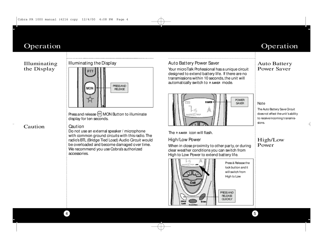 Cobra Electronics Professional 2-WAY RADIO specifications Display, Auto Battery Power Saver, High/Low Power 