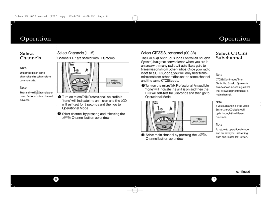 Cobra Electronics Professional 2-WAY RADIO specifications Select Ctcss Subchannel, Select Channels 