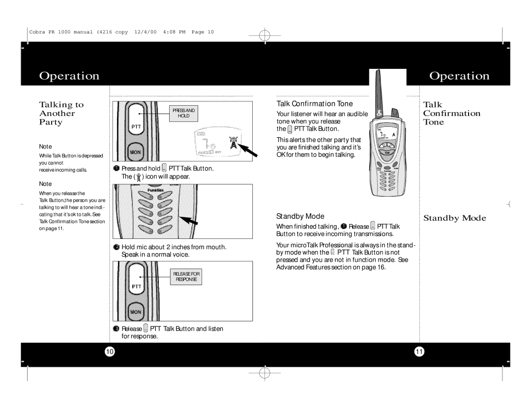 Cobra Electronics Professional 2-WAY RADIO specifications Talking to Another Party, Talk Confirmation Tone Standby Mode 