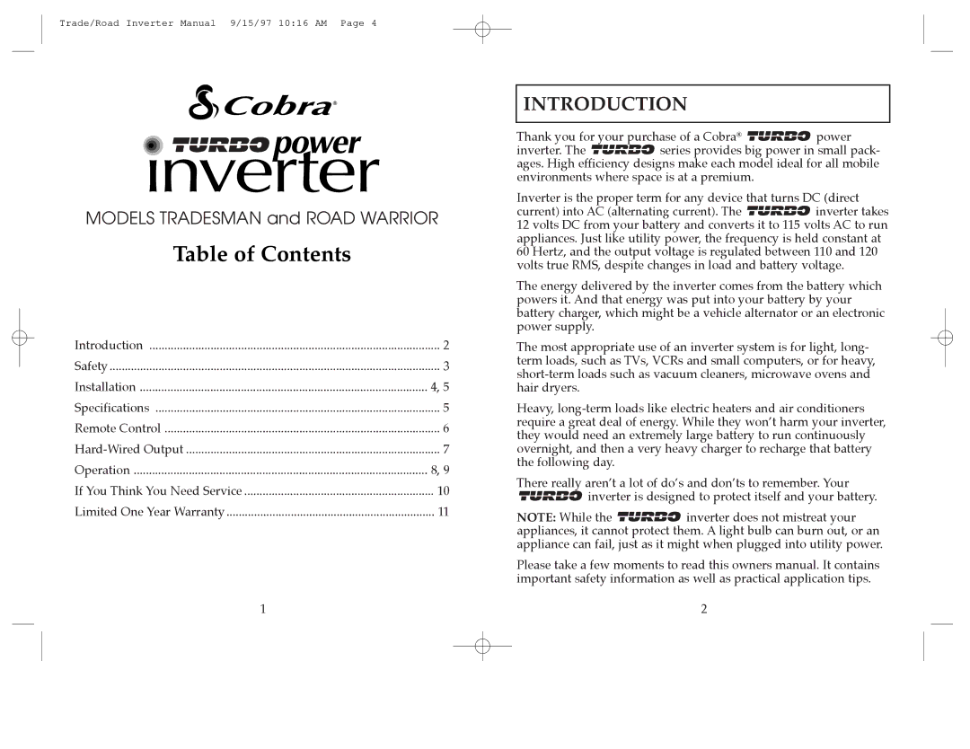 Cobra Electronics TRADESMAN, ROAD WARRIOR operating instructions Table of Contents 