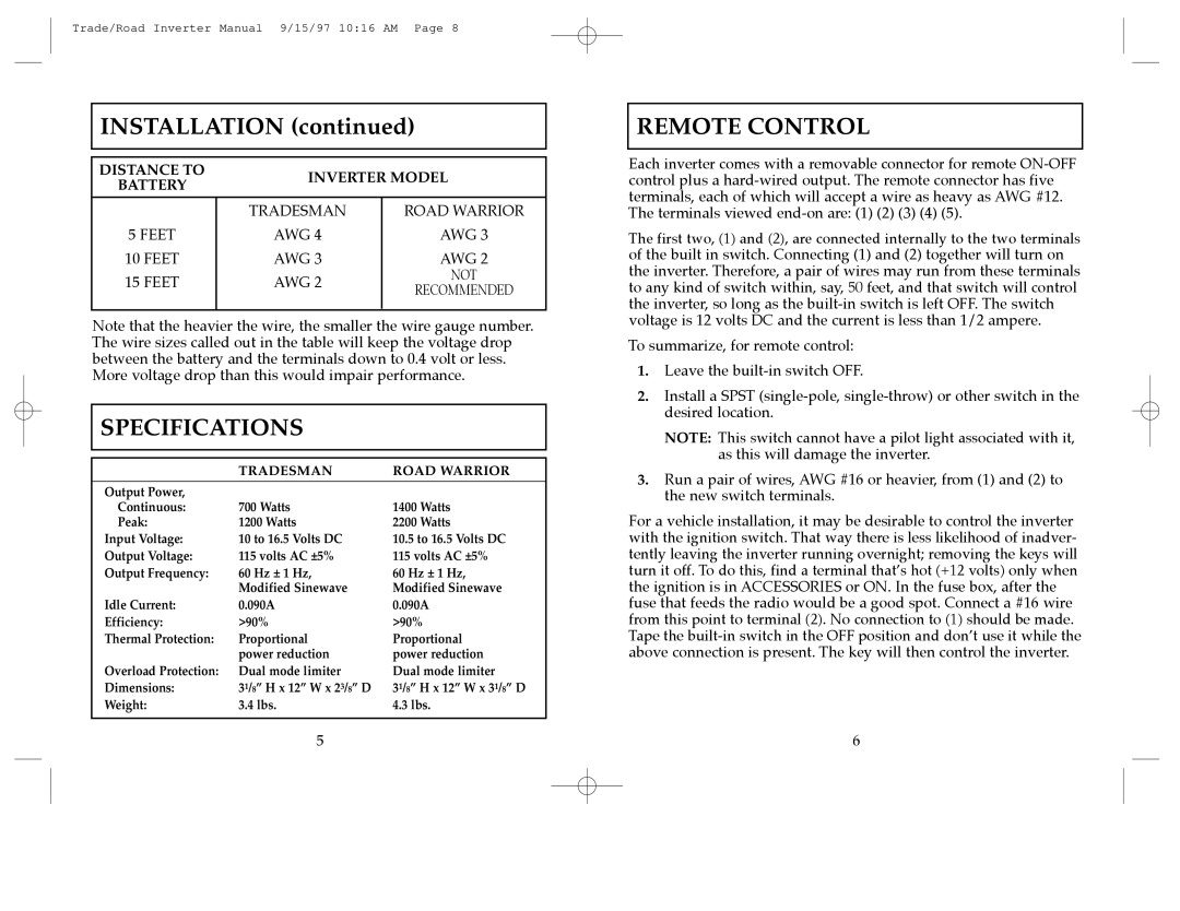 Cobra Electronics TRADESMAN, ROAD WARRIOR operating instructions Remote Control, Specifications 