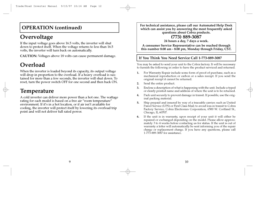 Cobra Electronics TRADESMAN, ROAD WARRIOR operating instructions Overvoltage, Overload, Temperature 