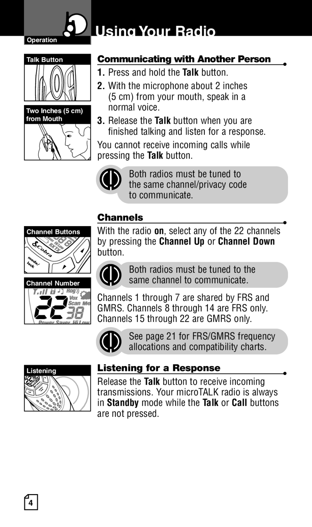 Cobra Electronics Two-Way Radio manual Communicating with Another Person, Press and hold the Talk button, Channels 