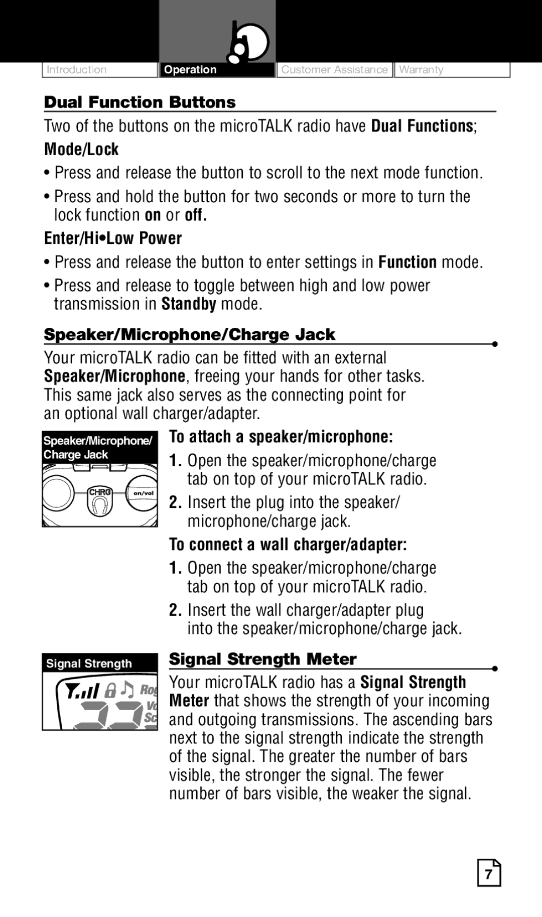 Cobra Electronics Two-Way Radio manual Mode/Lock, Enter/HiLow Power, To connect a wall charger/adapter 