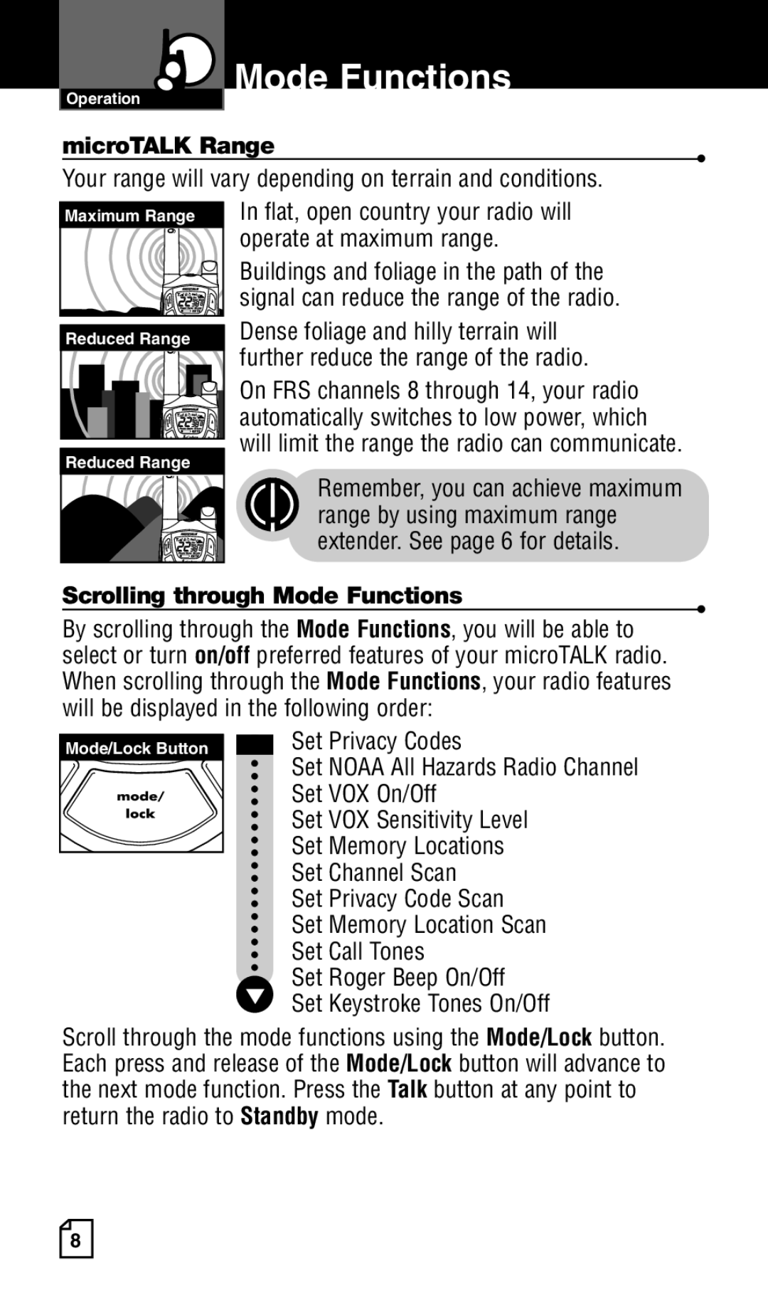 Cobra Electronics Two-Way Radio Mode Functions, MicroTALK Range, Your range will vary depending on terrain and conditions 