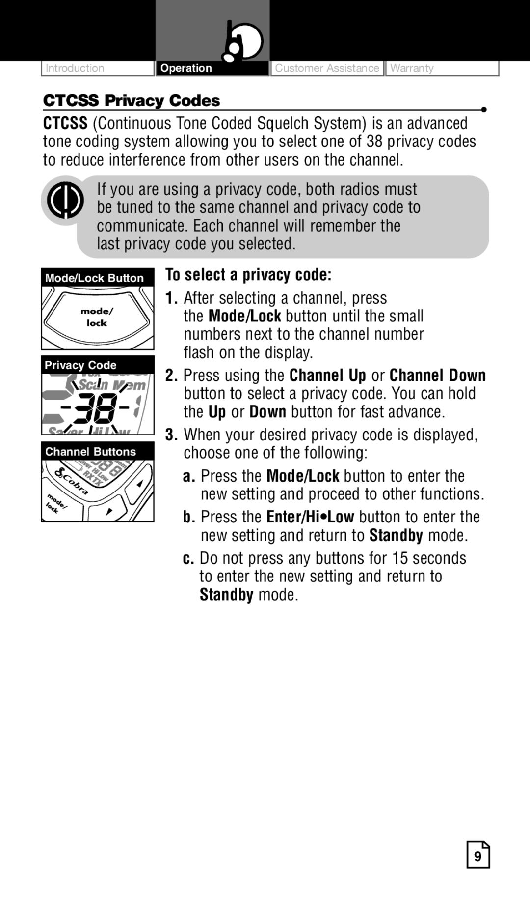 Cobra Electronics Two-Way Radio manual Ctcss Privacy Codes, To select a privacy code, After selecting a channel, press 