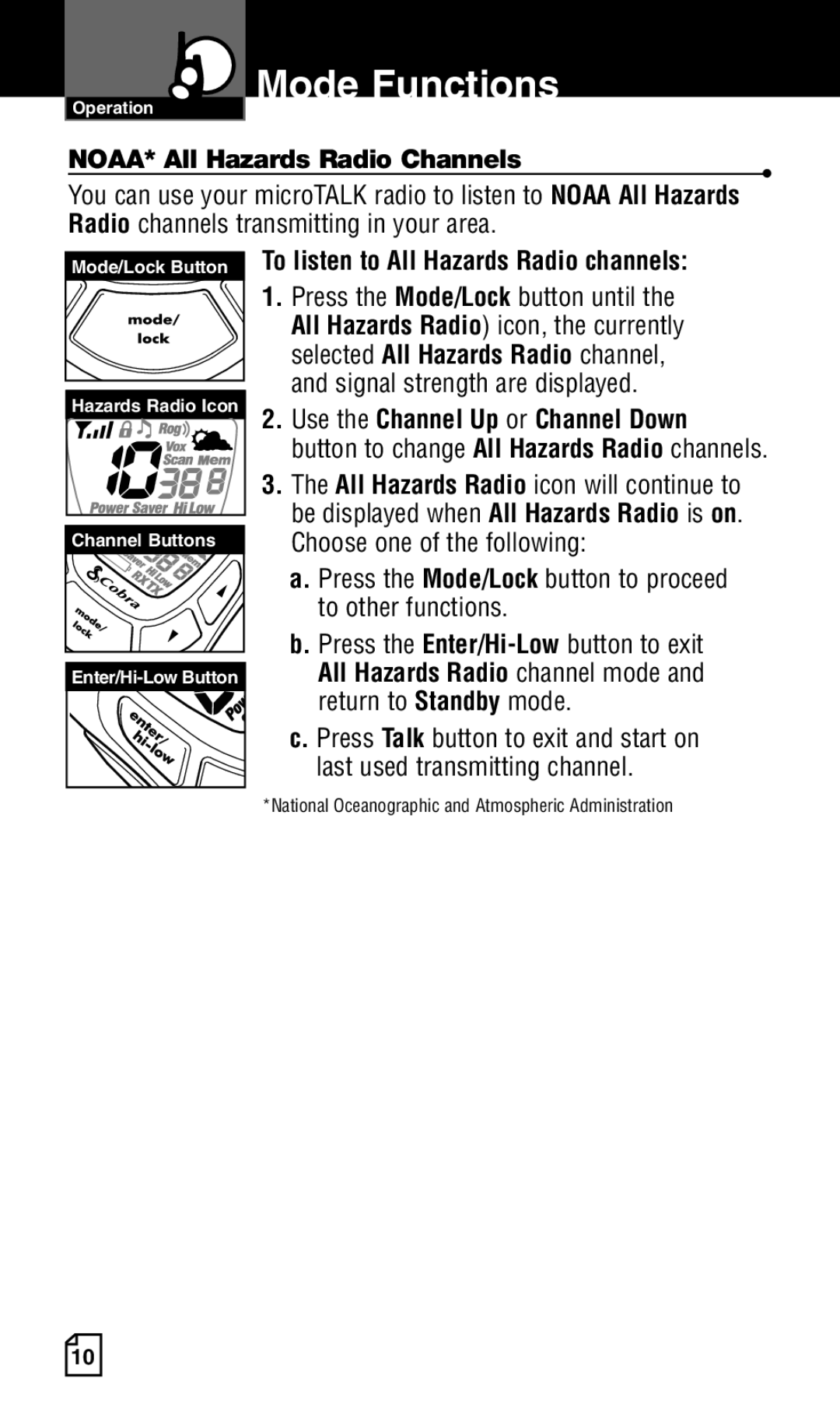 Cobra Electronics Two-Way Radio manual NOAA* All Hazards Radio Channels, To listen to All Hazards Radio channels 