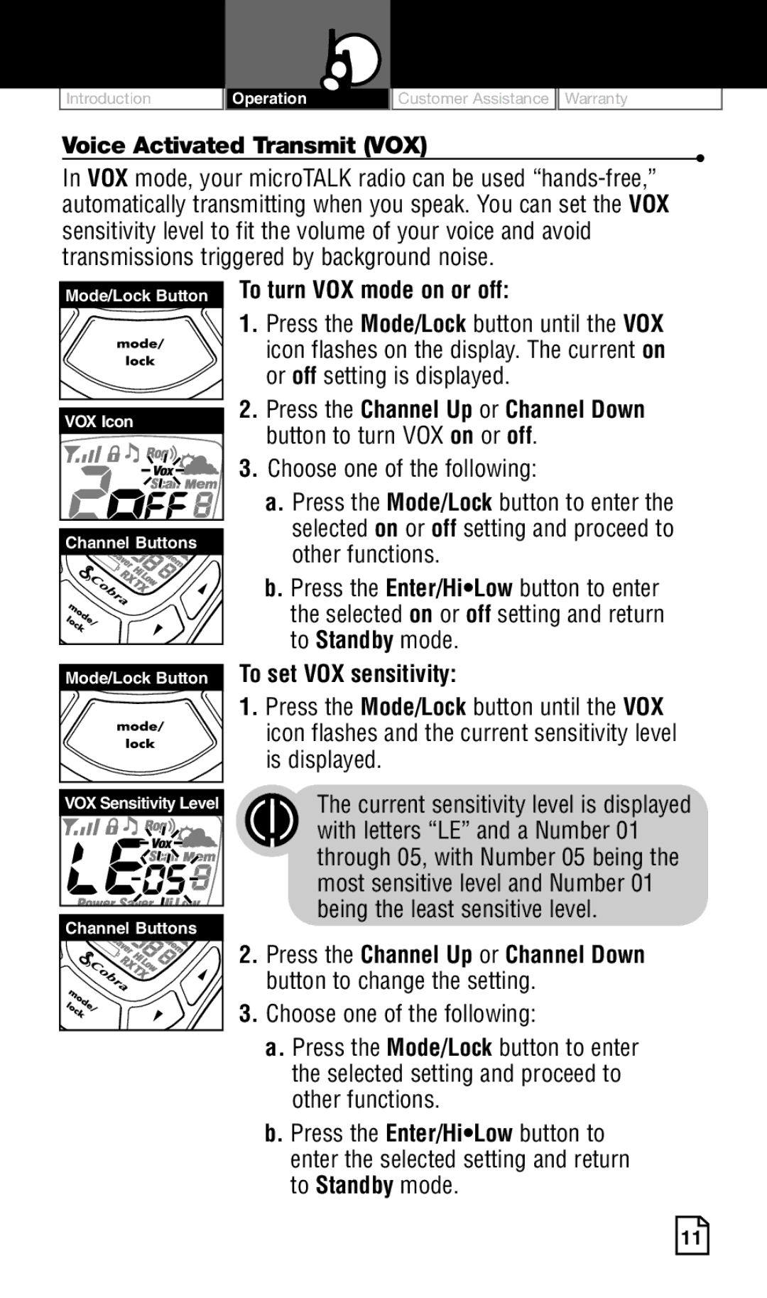 Cobra Electronics Two-Way Radio manual Voice Activated Transmit VOX, Mode/Lock Button To turn VOX mode on or off 