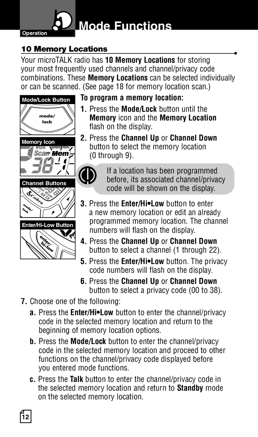 Cobra Electronics Two-Way Radio manual Memory Locations, To program a memory location 