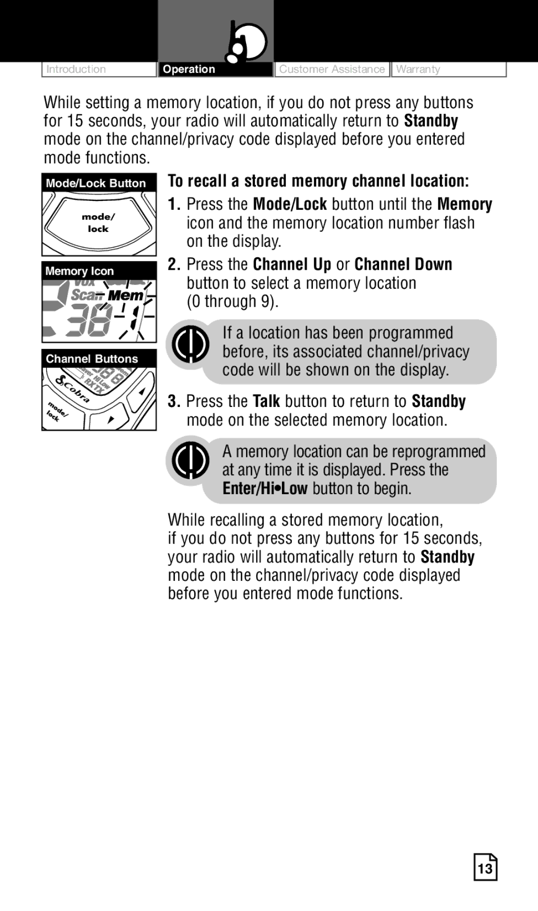 Cobra Electronics Two-Way Radio manual Mode/Lock Button To recall a stored memory channel location, Through 