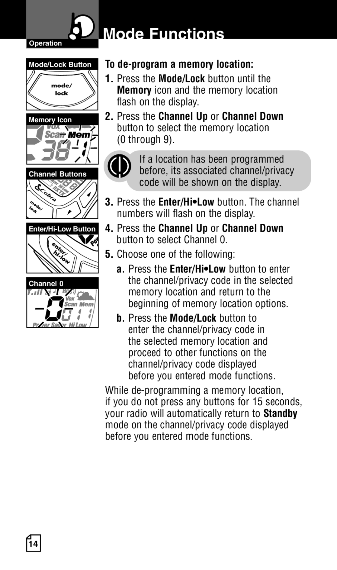 Cobra Electronics Two-Way Radio Mode/Lock Button To de-program a memory location, While de-programming a memory location 