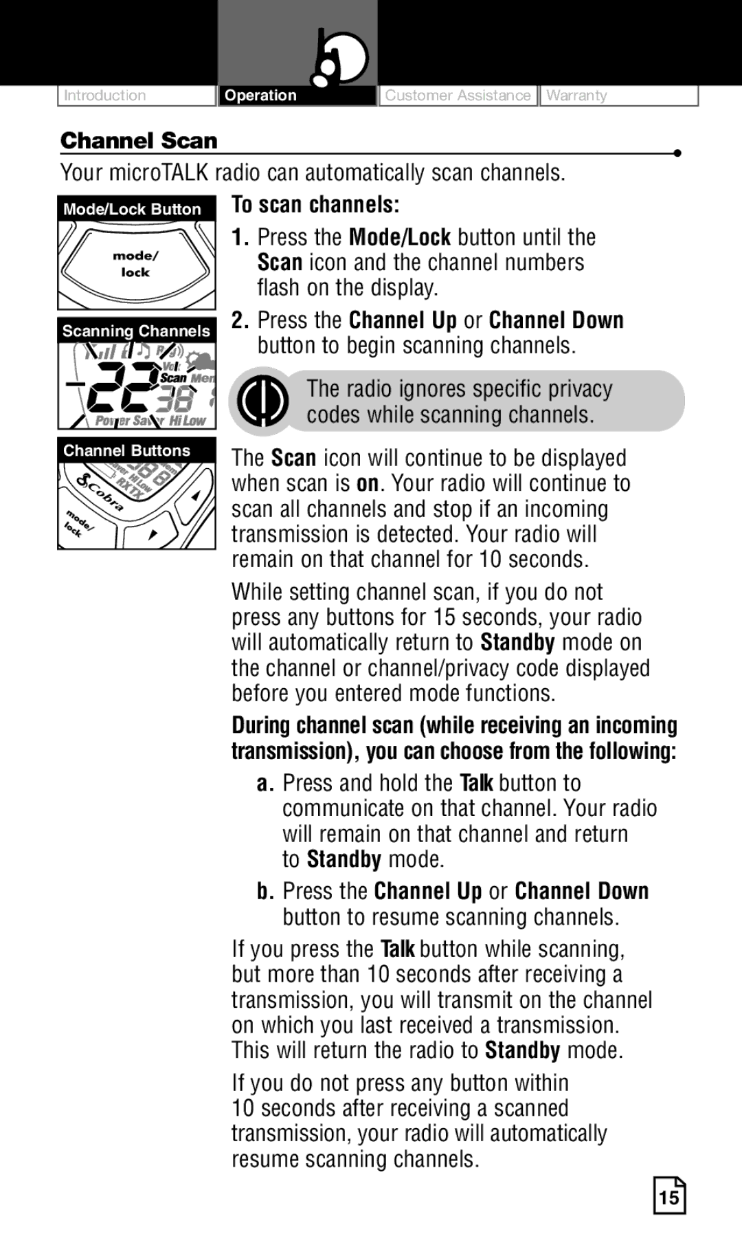 Cobra Electronics Two-Way Radio manual Channel Scan, Your microTALK radio can automatically scan channels 