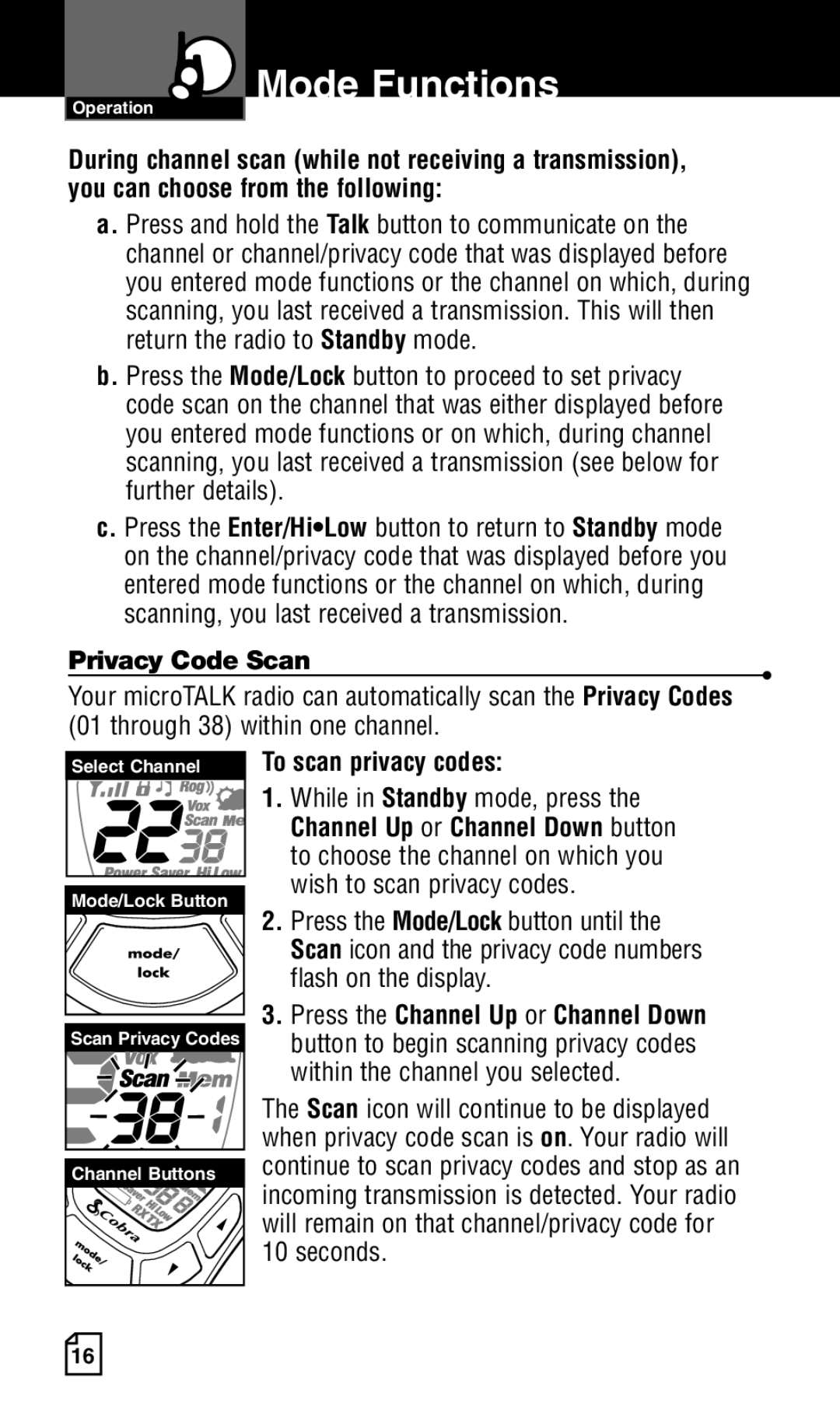 Cobra Electronics Two-Way Radio manual Privacy Code Scan, To scan privacy codes 