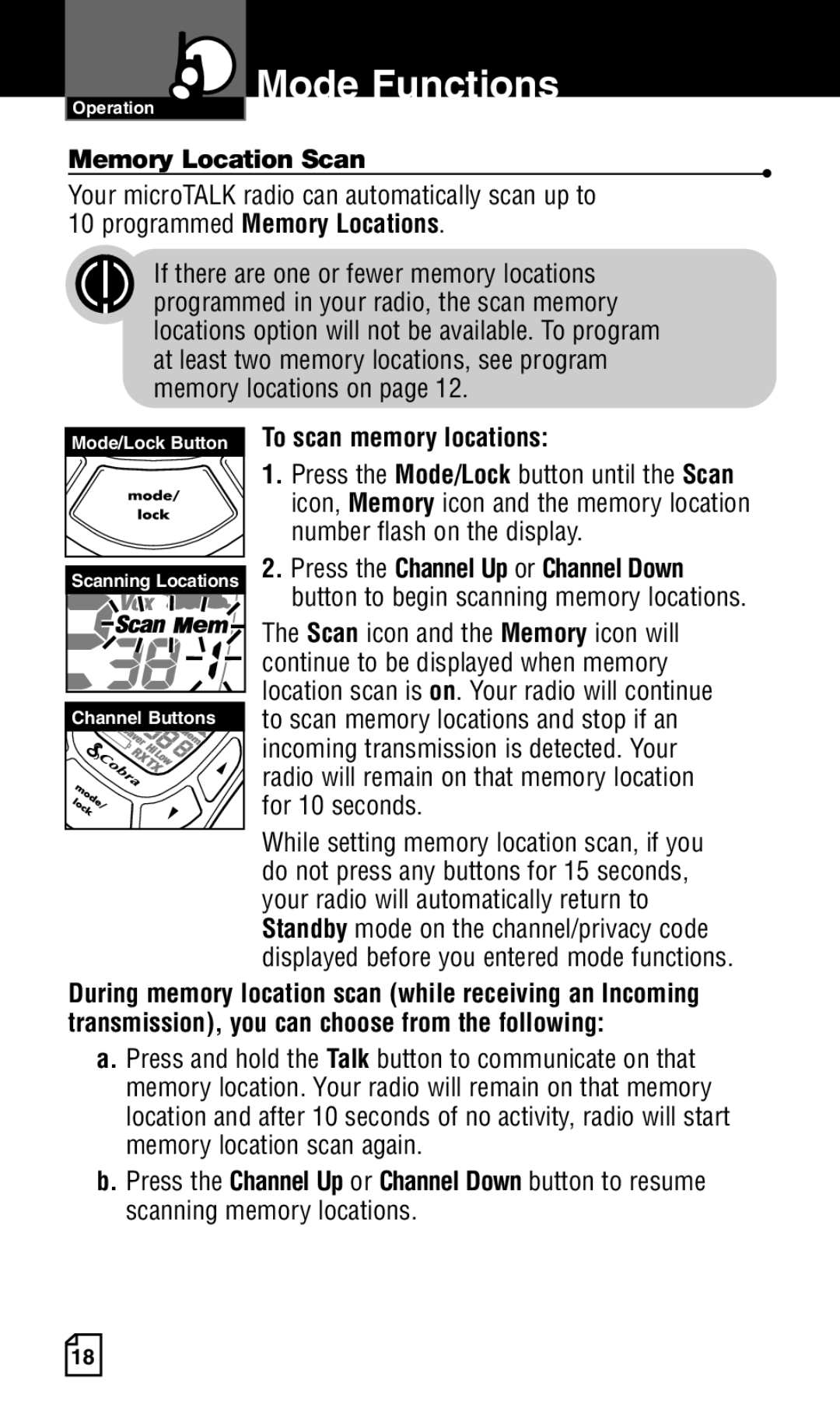 Cobra Electronics Two-Way Radio manual Memory Location Scan, Mode/Lock Button To scan memory locations 