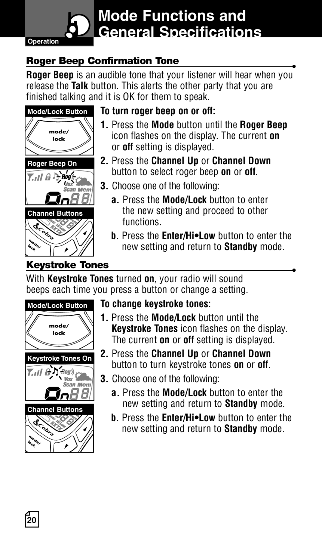 Cobra Electronics Two-Way Radio manual Button to select roger beep on or off, Choose one of the following, Functions 