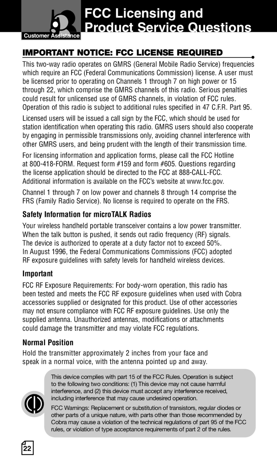 Cobra Electronics Two-Way Radio manual FCC Licensing and Product Service Questions 