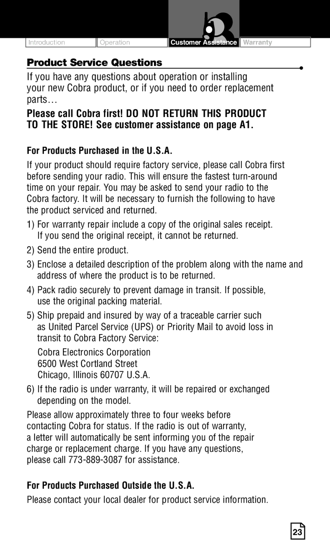 Cobra Electronics Two-Way Radio manual Product Service Questions, For Products Purchased in the U.S.A 