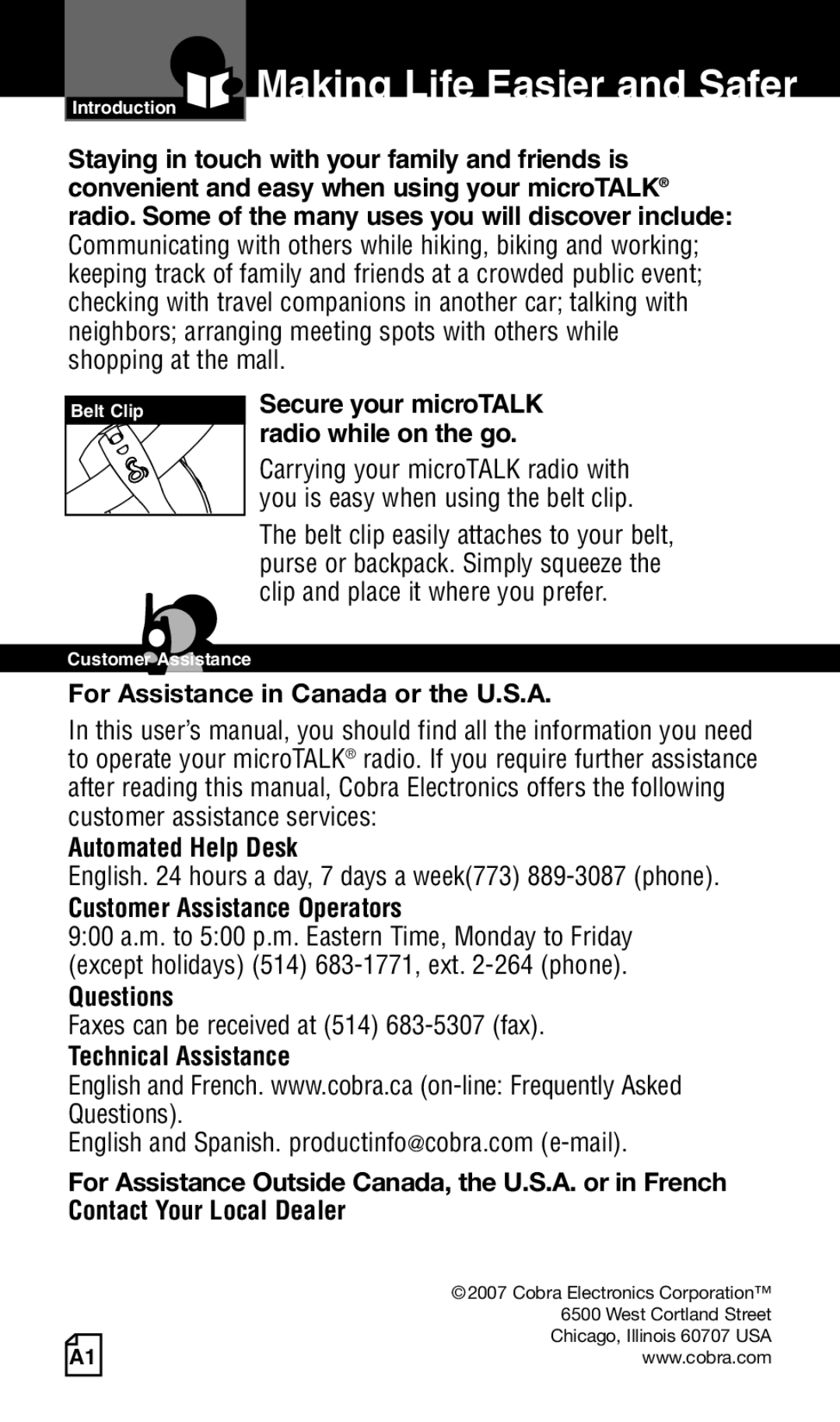 Cobra Electronics Two-Way Radio Making Life Easier and Safer, For Assistance in Canada or the U.S.A, Automated Help Desk 