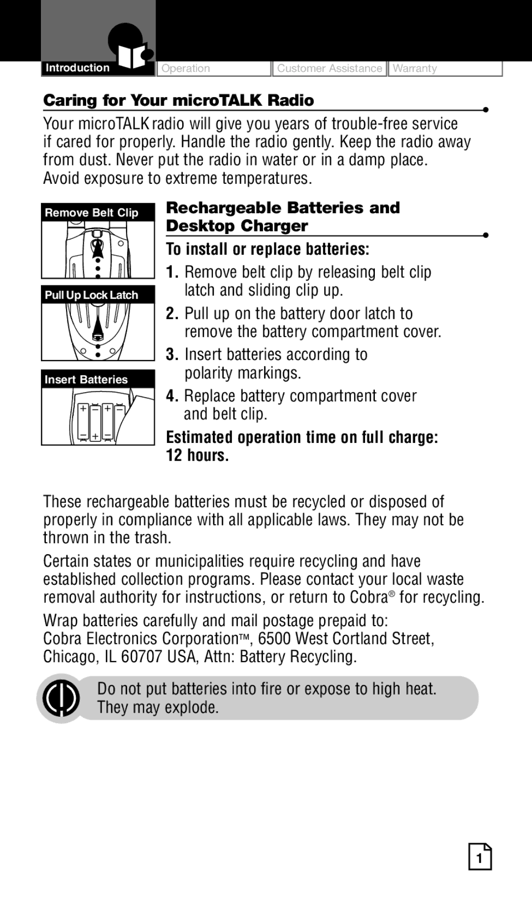 Cobra Electronics Two-Way Radio manual Caring for YourmicroTALKRadio, Replace battery compartment cover and belt clip 