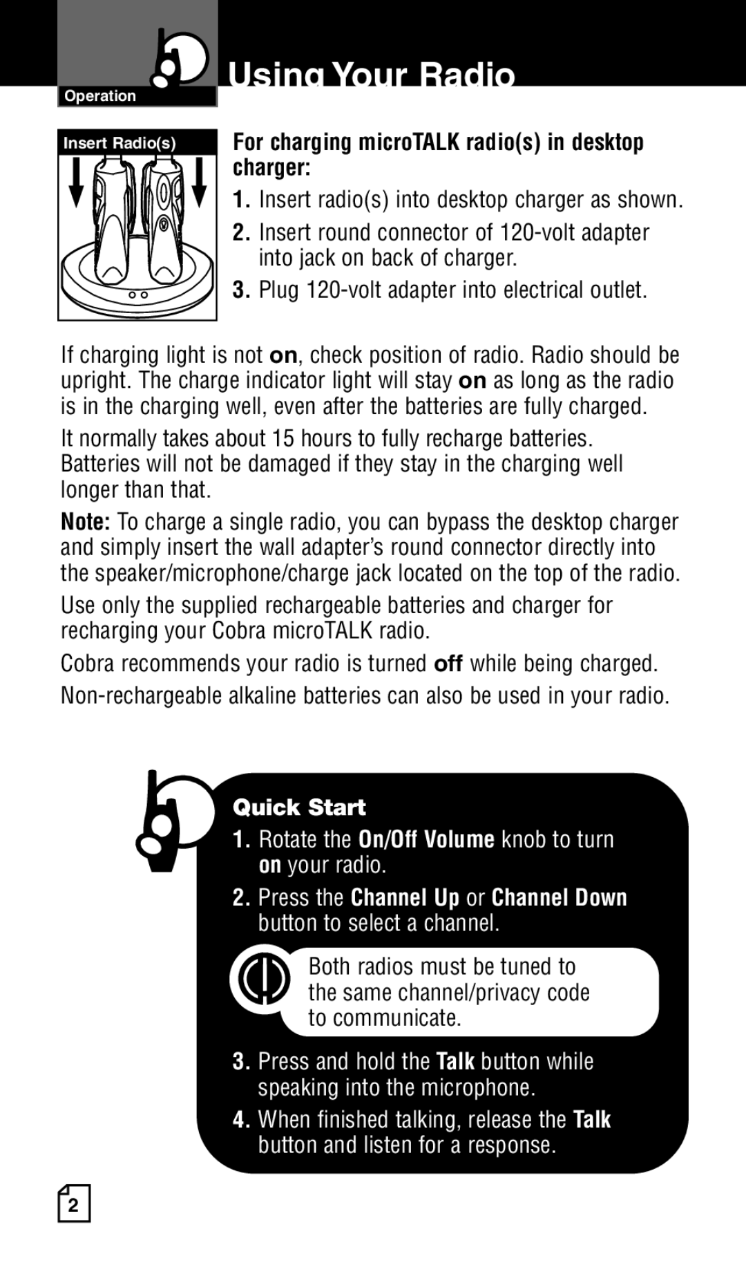 Cobra Electronics Two-Way Radio manual Using Your Radio, For charging microTALK radios in desktop charger 