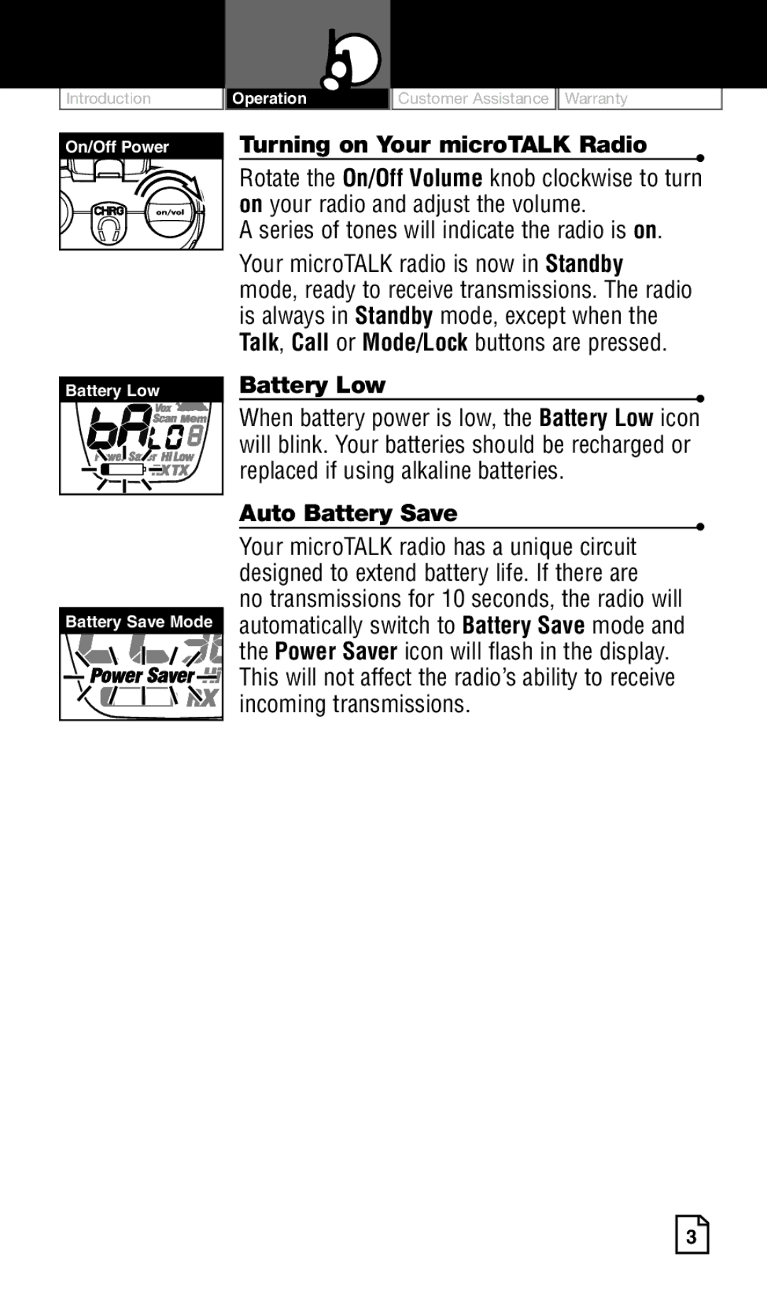 Cobra Electronics Two-Way Radio manual Turning on Your microTALK Radio, On your radio and adjust the volume, Battery Low 