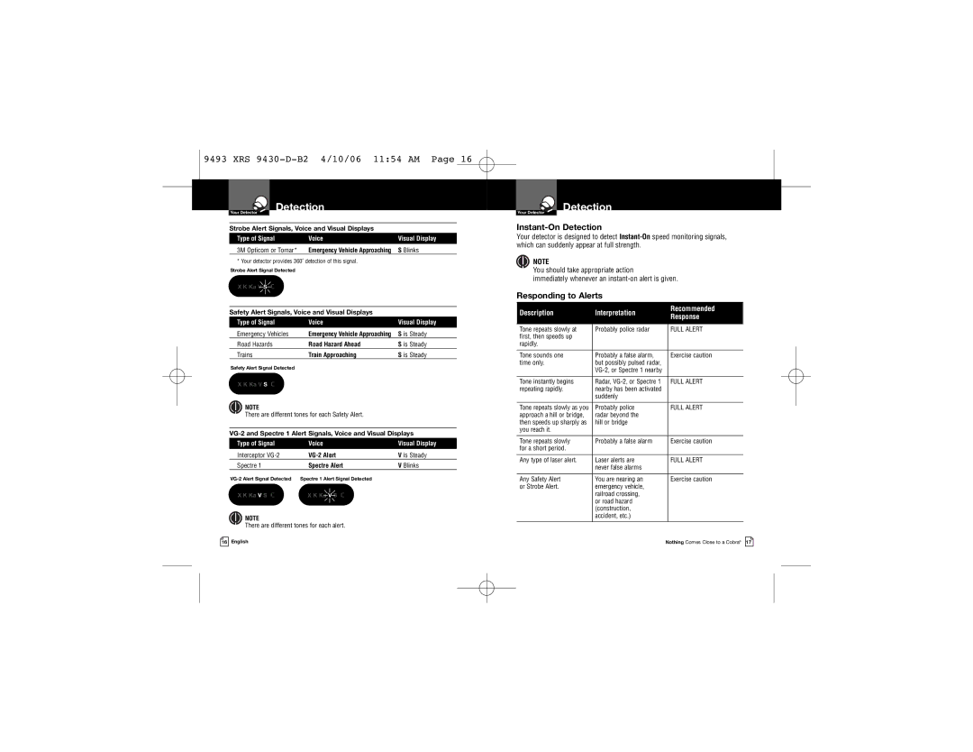 Cobra Electronics XRS 9430 owner manual Instant-On Detection, Responding to Alerts, Blinks 