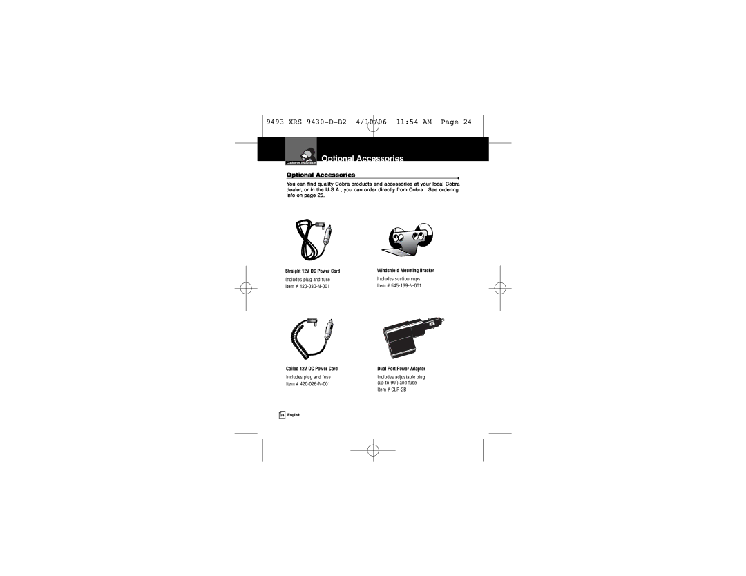 Cobra Electronics XRS 9430 owner manual Optional Accessories, Coiled 12V DC Power Cord, Includes plug and fuse 