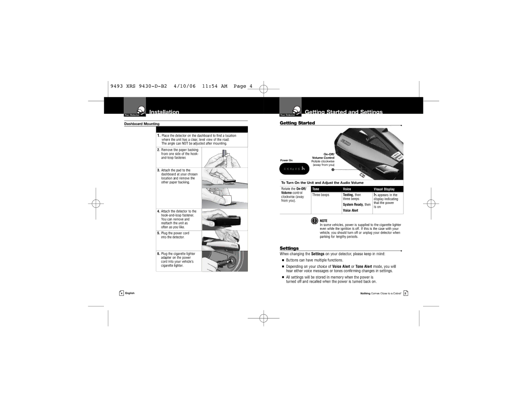 Cobra Electronics XRS 9430 owner manual Getting Started and Settings, Tone, Voice Visual Display 