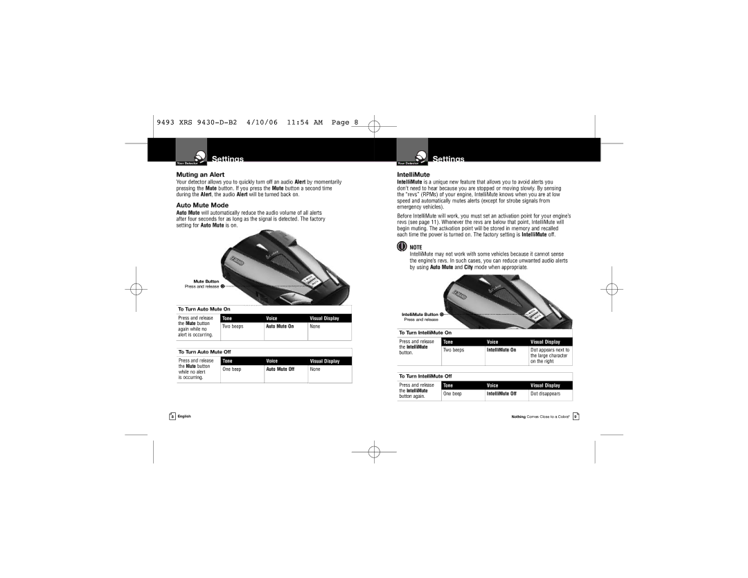 Cobra Electronics XRS 9430 owner manual Muting an Alert, Auto Mute Mode, IntelliMute 