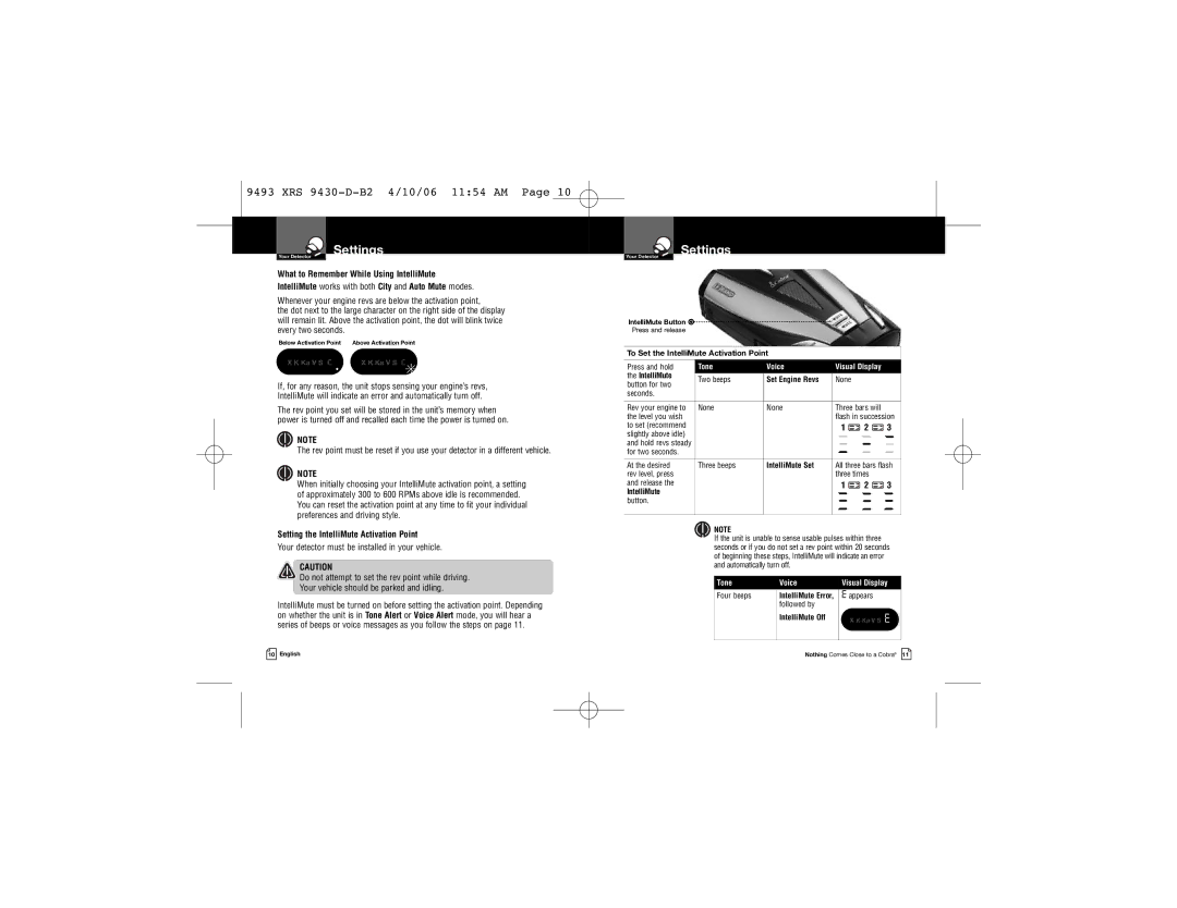 Cobra Electronics XRS 9430 Setting the IntelliMute Activation Point, To Set the IntelliMute Activation Point, Tone Voice 