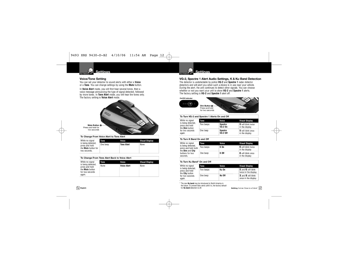 Cobra Electronics XRS 9430 owner manual Voice/Tone Setting, VG-2, Spectre 1 Alert Audio Settings, K & Ku Band Detection 