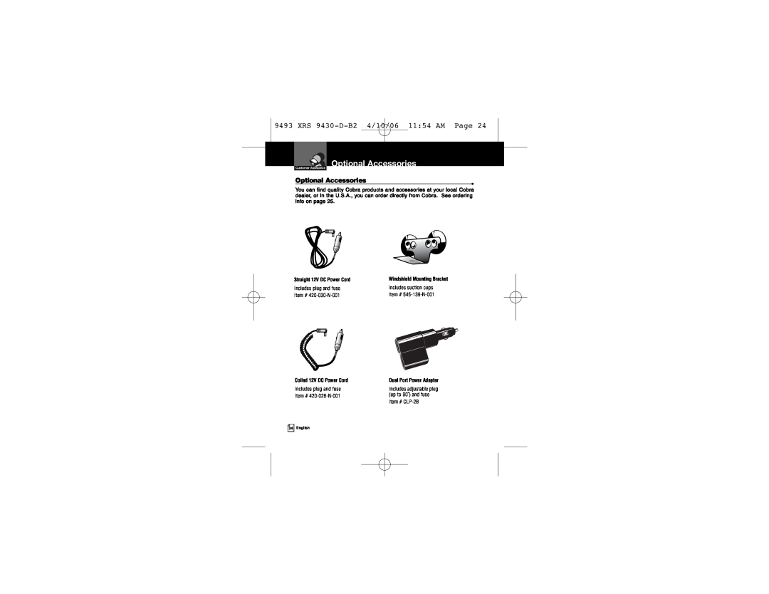 Cobra Electronics owner manual Optional Accessories, XRS 9430-D-B2 4/10/06 1154 AM Page 
