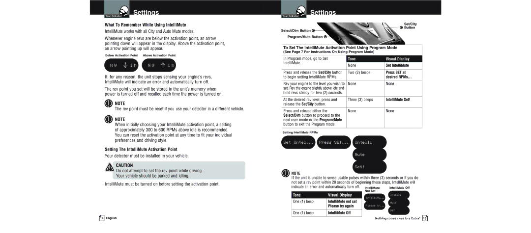 Cobra Electronics XRS 9600 What To Remember While Using IntelliMute, Setting The IntelliMute Activation Point 