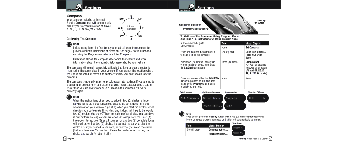 Cobra Electronics XRS 9600 operating instructions Calibrating The Compass, Set Compa Drive Compass Press SET... Set 