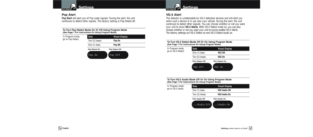 Cobra Electronics XRS 9600 operating instructions Pop Alert, VG-2 Alert, Pop On Pop Off, VG2 Off VG2 On, Audio Off Audio On 