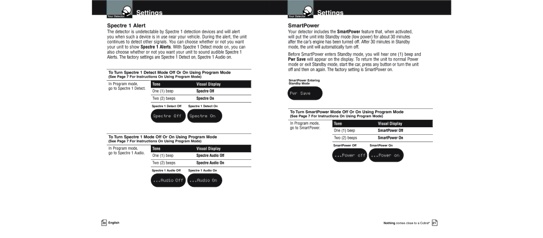 Cobra Electronics XRS 9600 Spectre 1 Alert, SmartPower, Spectre Off Spectre On, Pwr Save, Power off ...Power on 