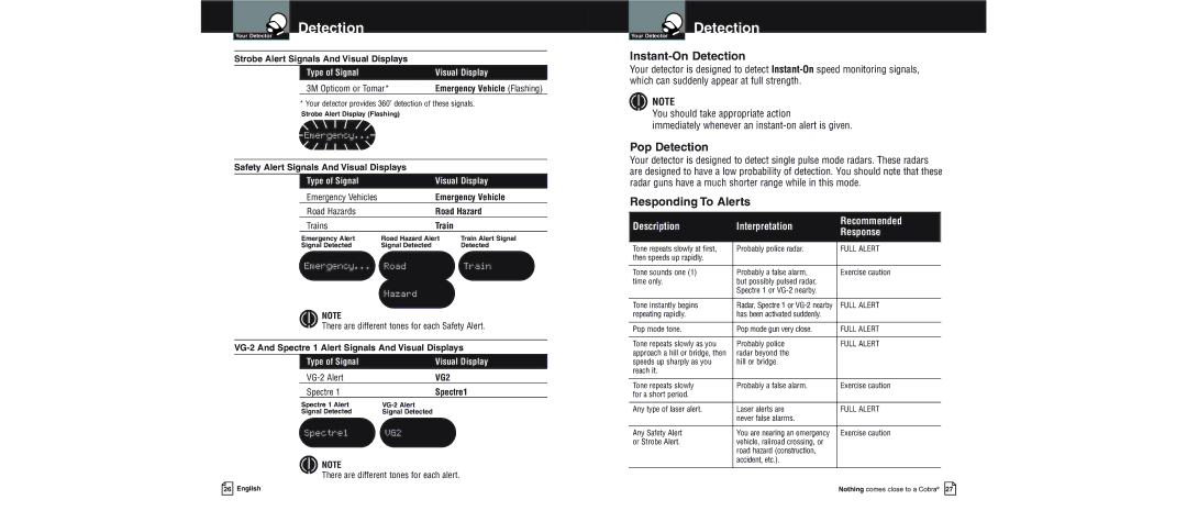 Cobra Electronics XRS 9600 operating instructions Instant-On Detection, Pop Detection, Responding To Alerts, Emergency 