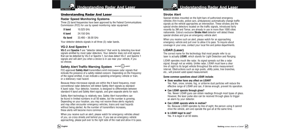 Cobra Electronics XRS 9600 Understanding Radar And Laser, Strobe Alert, VG-2 And Spectre, Lidar Laser 