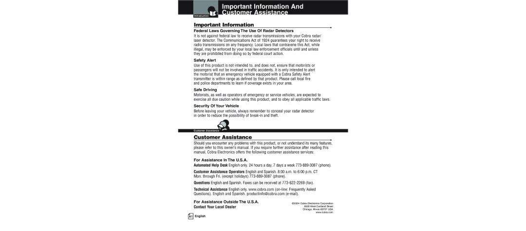 Cobra Electronics XRS 9600 operating instructions Important Information And Customer Assistance 