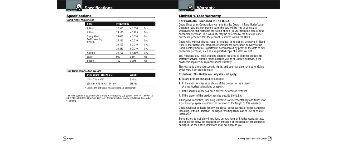 Cobra Electronics XRS 9600 operating instructions Specifications, Limited 1-Year Warranty 