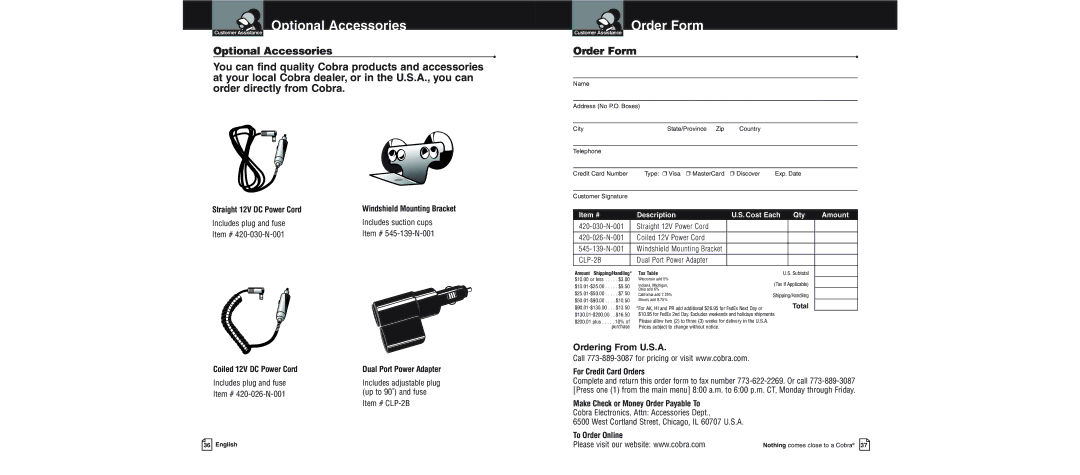 Cobra Electronics XRS 9600 operating instructions Optional Accessories Order Form, Ordering From U.S.A 