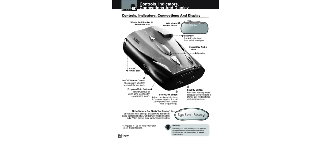 Cobra Electronics XRS 9600 operating instructions Controls, Indicators, Connections And Display 