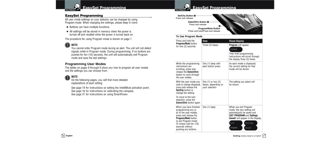 Cobra Electronics XRS 9600 operating instructions EasySet Programming, Programming User Modes, Tone 