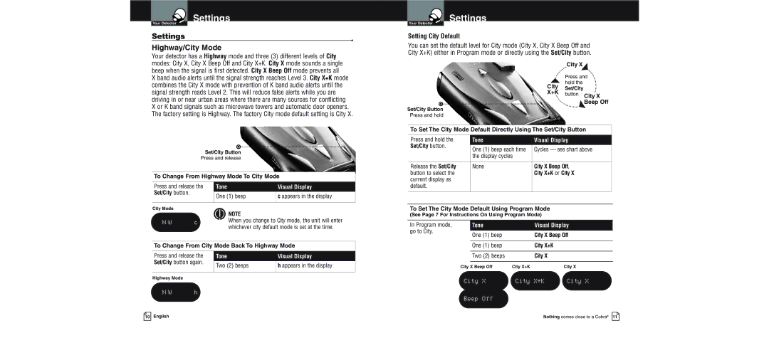 Cobra Electronics XRS 9600 Settings Highway/City Mode, Setting City Default, City City X+K Beep Off 