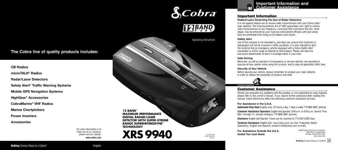 Cobra Electronics XRS 9940 operating instructions Cobra line of quality products includes, Important Information 