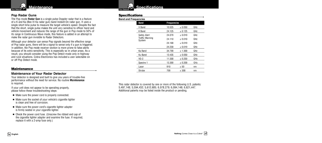 Cobra Electronics XRS 9940 Specifications, Pop Radar Guns, Maintenance Maintenance of Your Radar Detector 