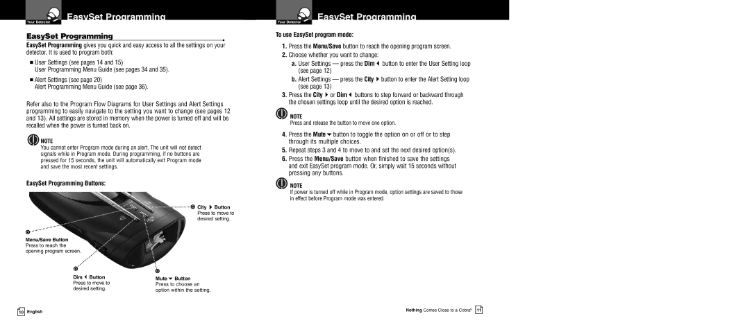 Cobra Electronics XRS 9940 operating instructions EasySet Programming Buttons, To use EasySet program mode 