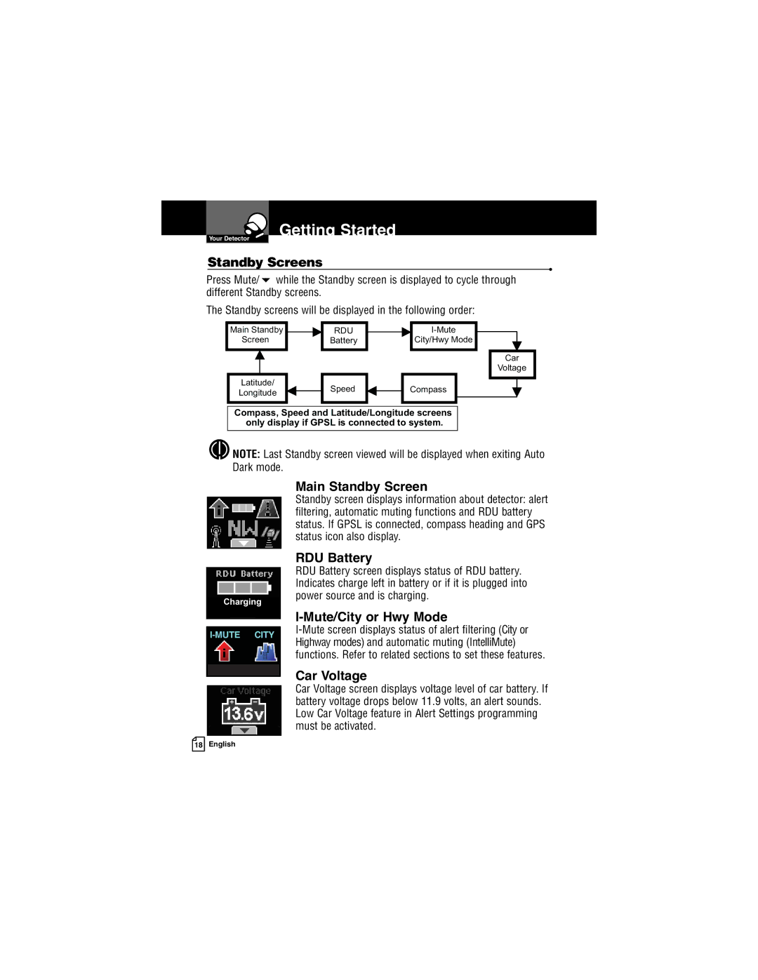 Cobra Electronics XRS R9G, XRS R7 Standby Screens, Main Standby Screen, RDU Battery, Mute/City or Hwy Mode, Car Voltage 