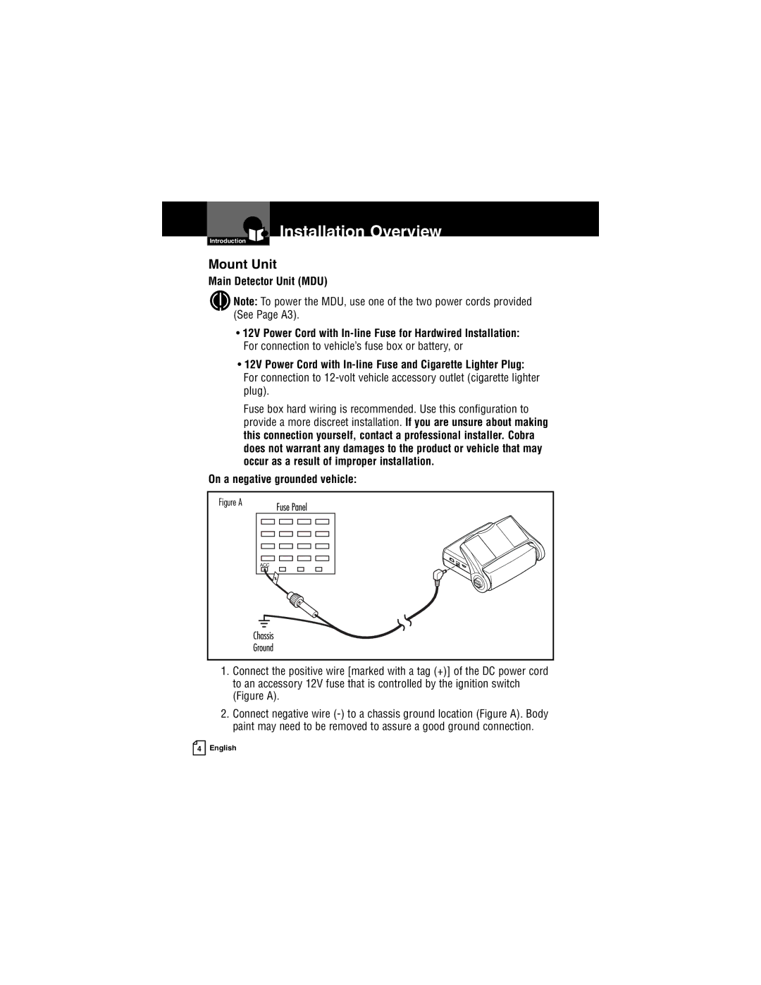 Cobra Electronics XRS R9G, XRS R7 manual Installation Overview, Mount Unit 